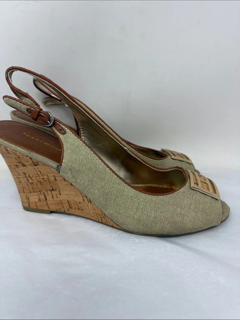 Tommy Hilfiger Linen Cork Wedge Slingback Peep Toe Heels Size 9 Coastal Grandma